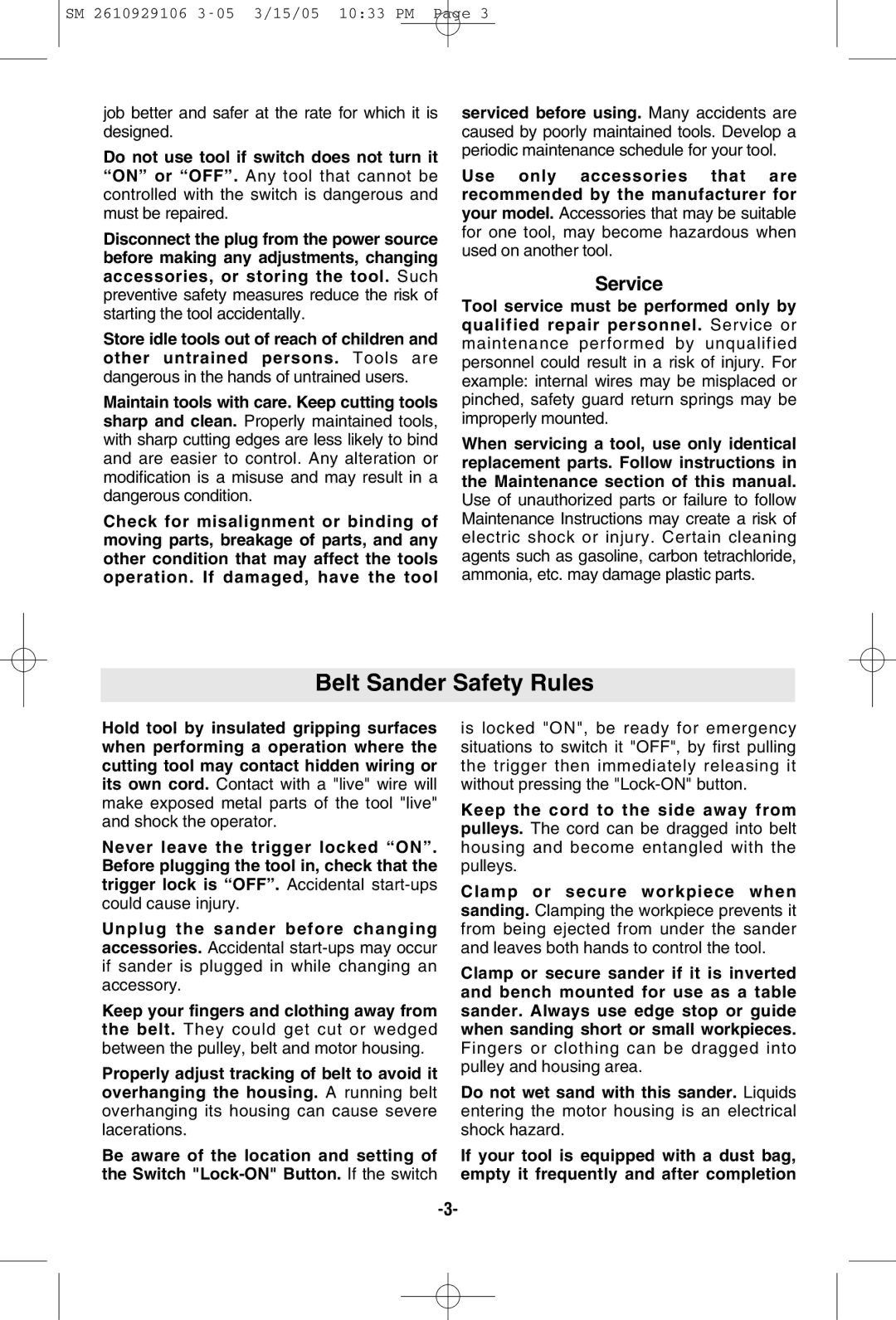 Porter-Cable 7313 manual Belt Sander Safety Rules, Service 