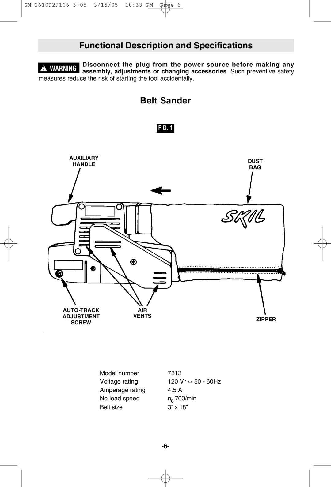 Porter-Cable 7313 manual Functional Description and Specifications, Belt Sander 