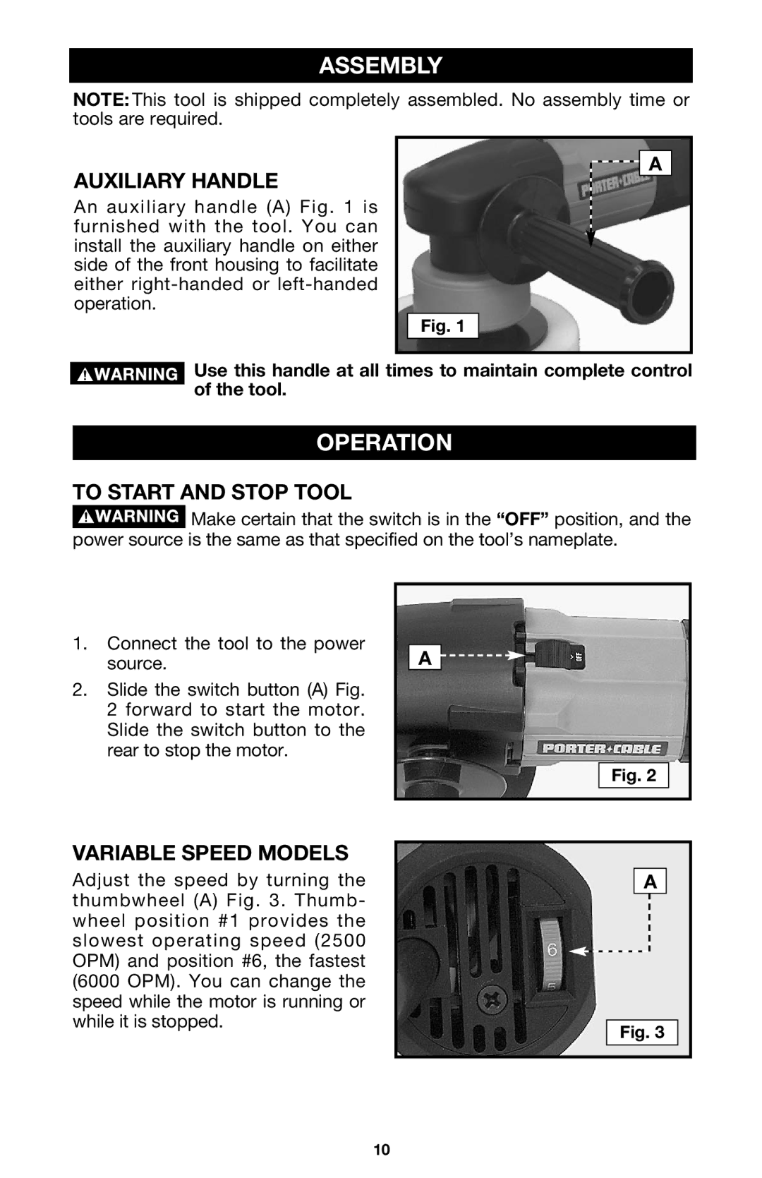 Porter-Cable 7335 instruction manual Assembly, Operation, Auxiliary Handle, To Start and Stop Tool, Variable Speed Models 