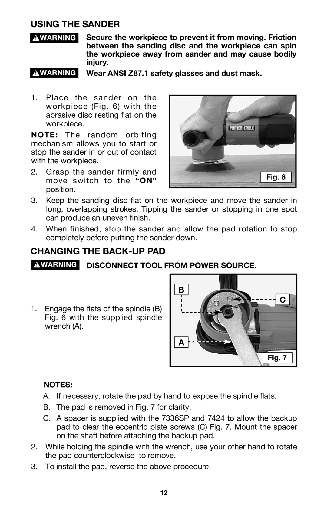 Porter-Cable 7335 instruction manual Using the Sander, Changing the BACK-UP PAD 