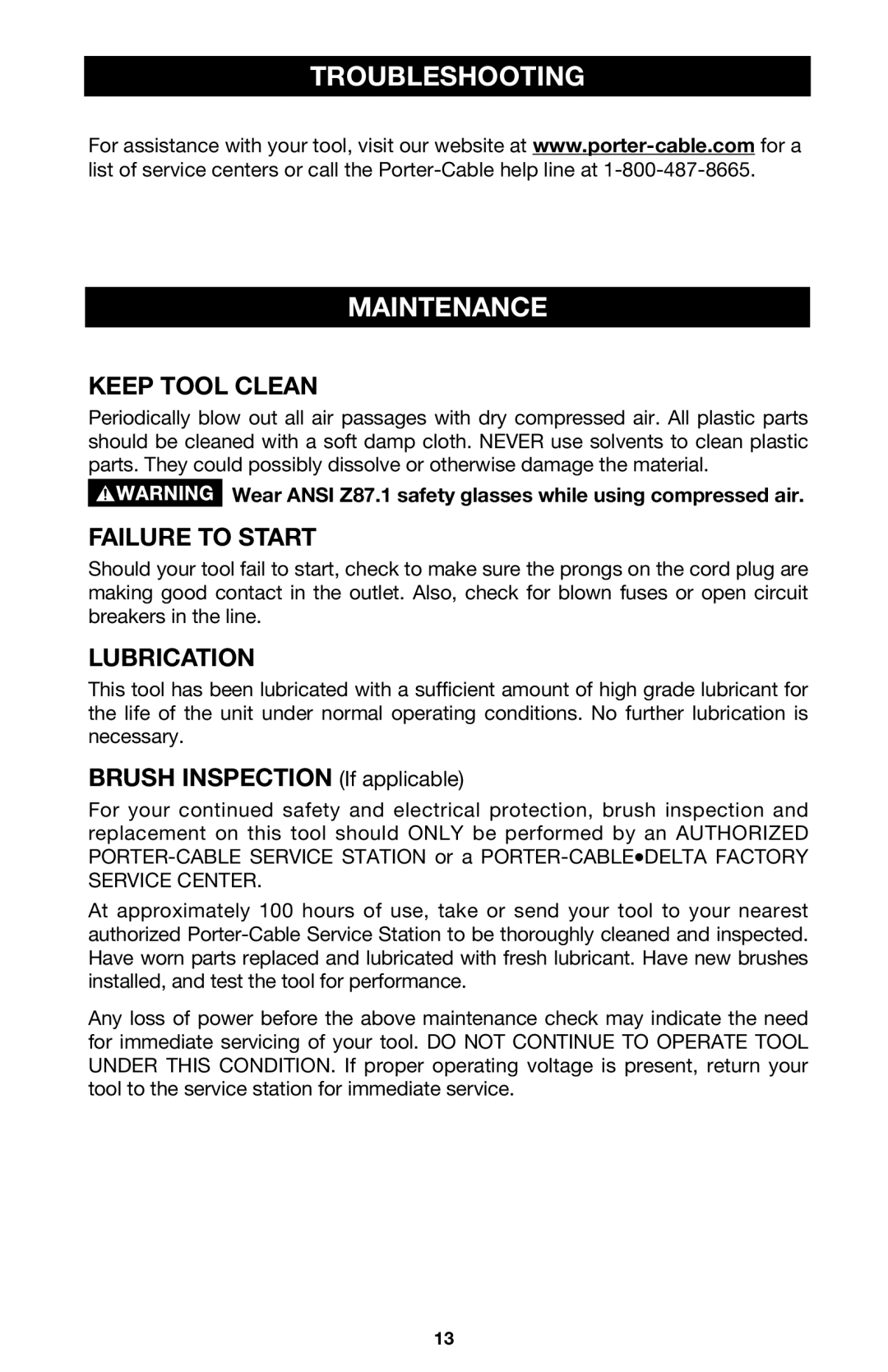 Porter-Cable 7335 instruction manual Troubleshooting Maintenance, Keep Tool Clean, Failure to Start, Lubrication 