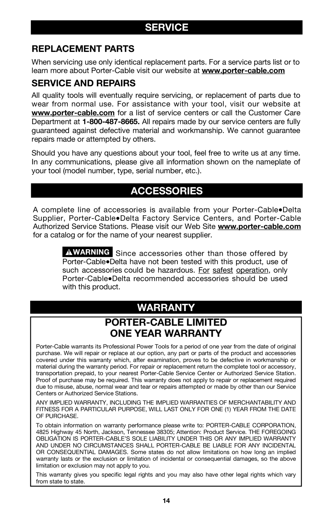 Porter-Cable 7335 instruction manual Accessories, Warranty, Replacement Parts Service and Repairs 