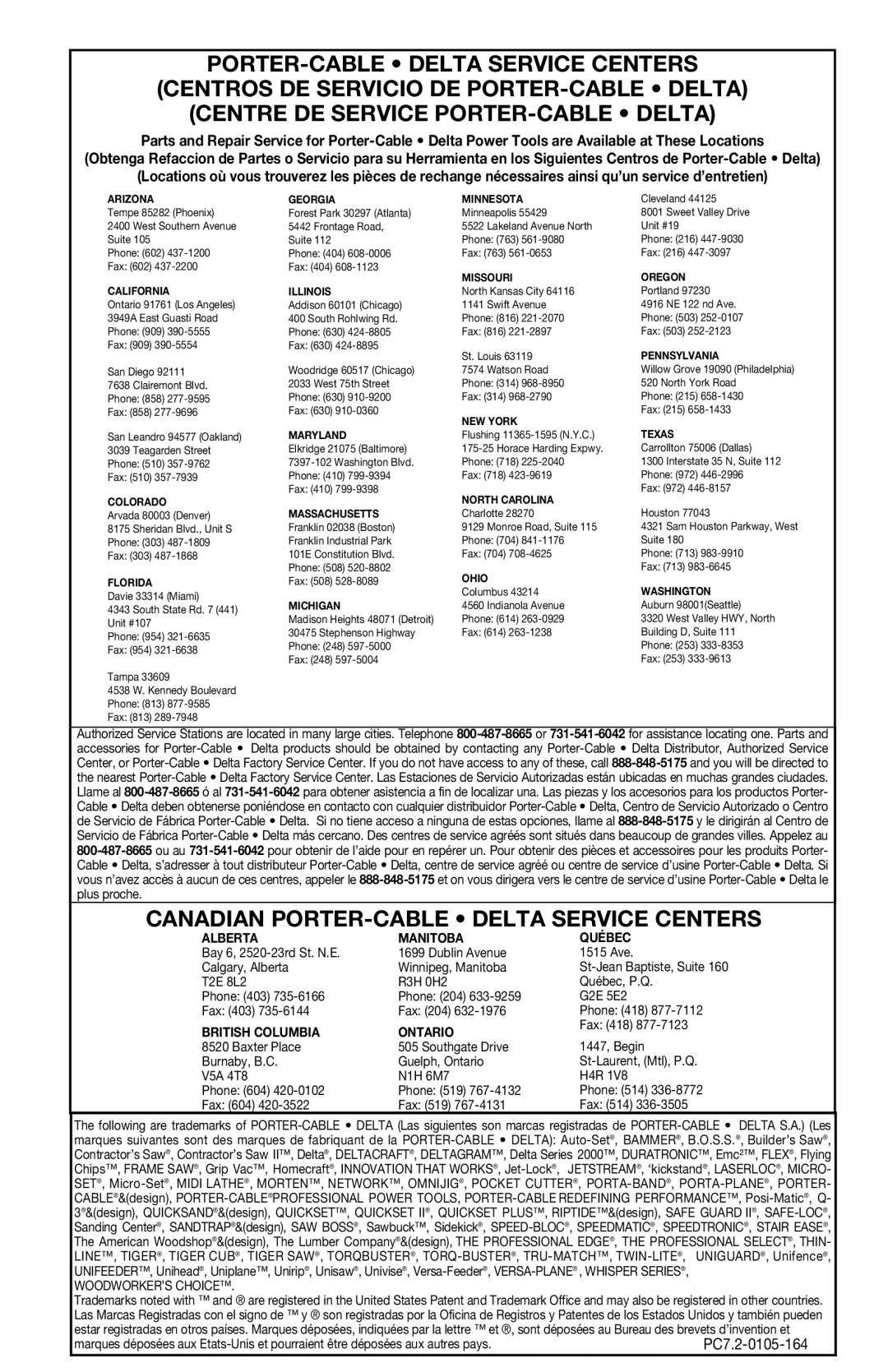 Porter-Cable 7335 instruction manual Canadian PORTER-CABLE Delta Service Centers 