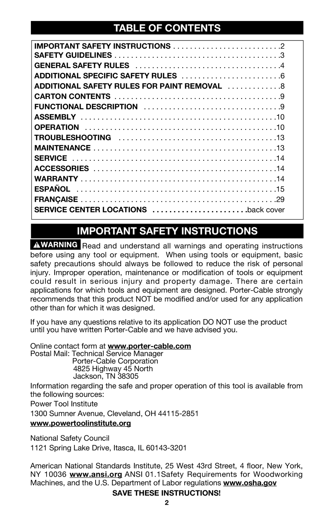 Porter-Cable 7335 instruction manual Table of Contents, Important Safety Instructions 