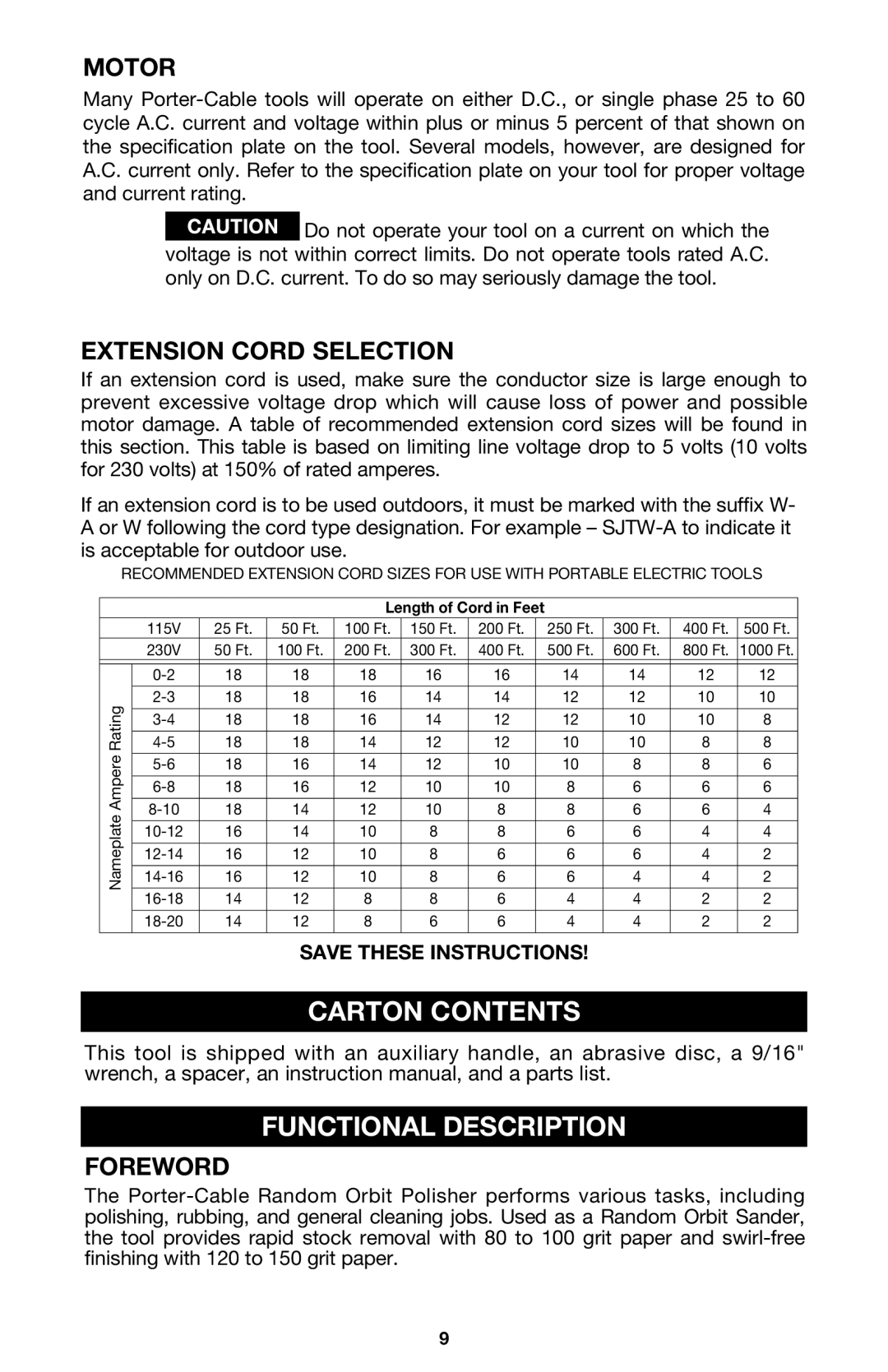 Porter-Cable 7335 instruction manual Carton Contents Functional Description 