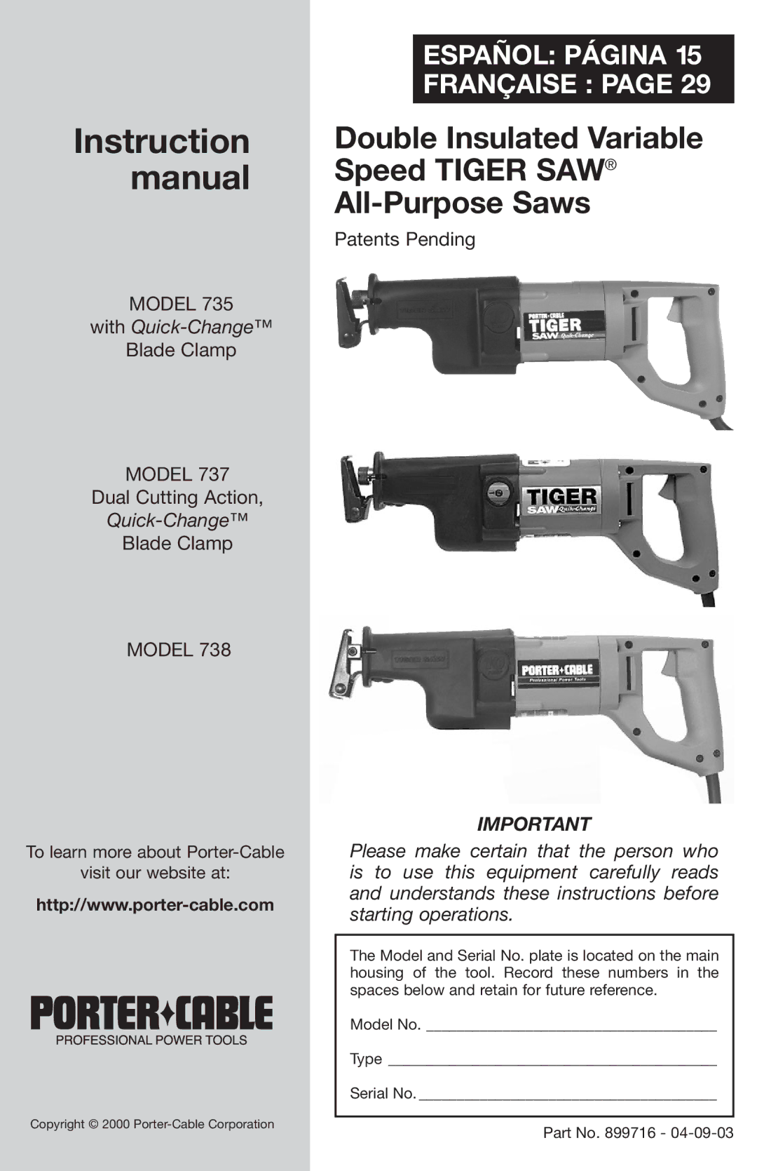 Porter-Cable 735 instruction manual Español Página Française, Quick-Change 