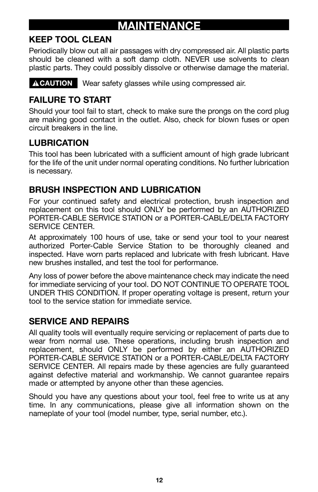 Porter-Cable 735 instruction manual Maintenance 