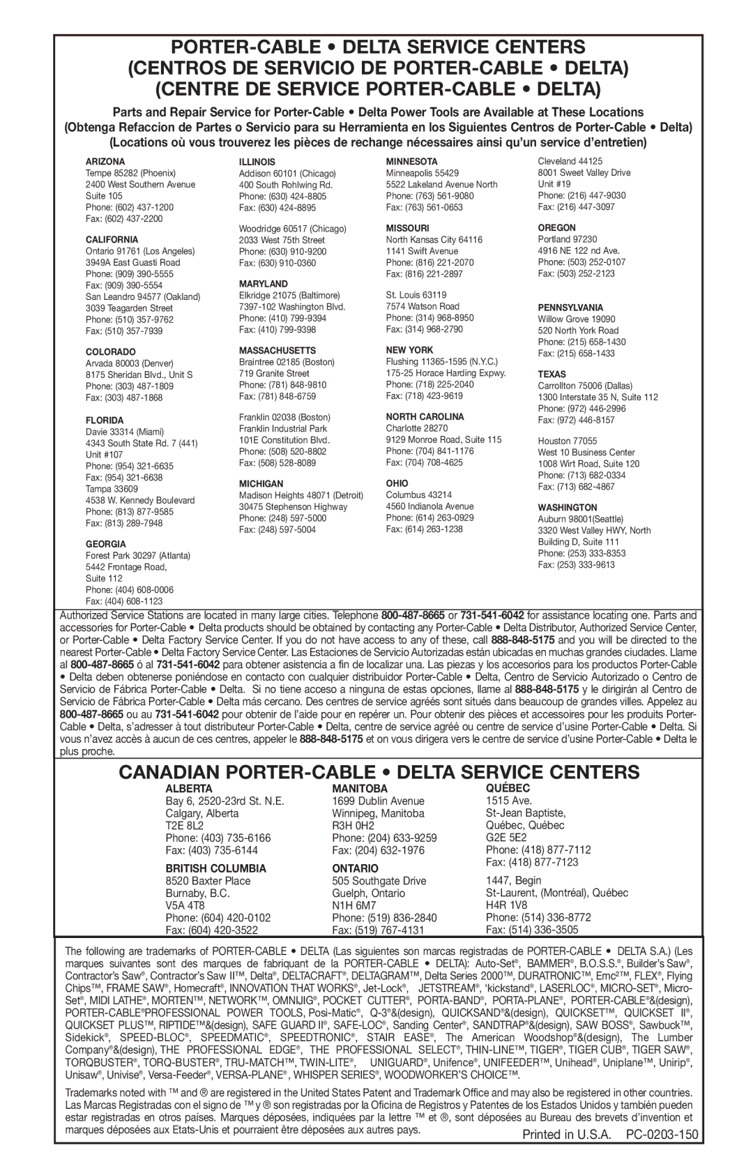 Porter-Cable 735 instruction manual Canadian PORTER-CABLE Delta Service Centers 