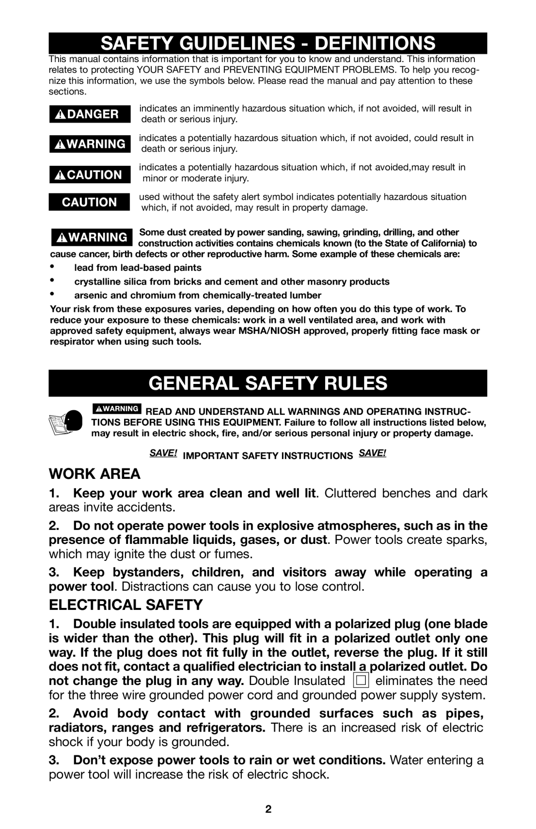 Porter-Cable 735 instruction manual Safety Guidelines Definitions, General Safety Rules, Work Area, Electrical Safety 