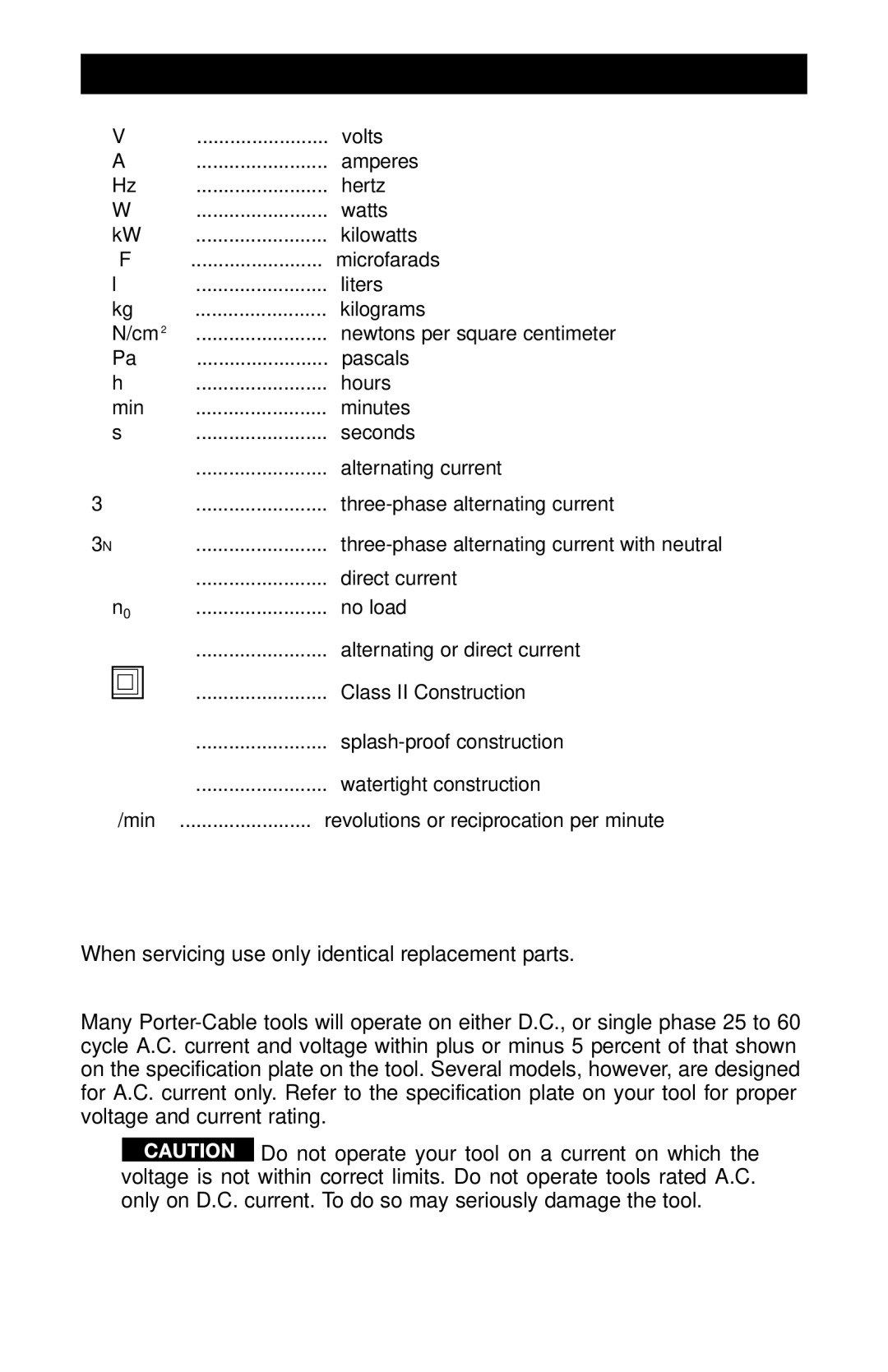 Porter-Cable 735 instruction manual Safety Symbols, Replacement Parts, Motor 