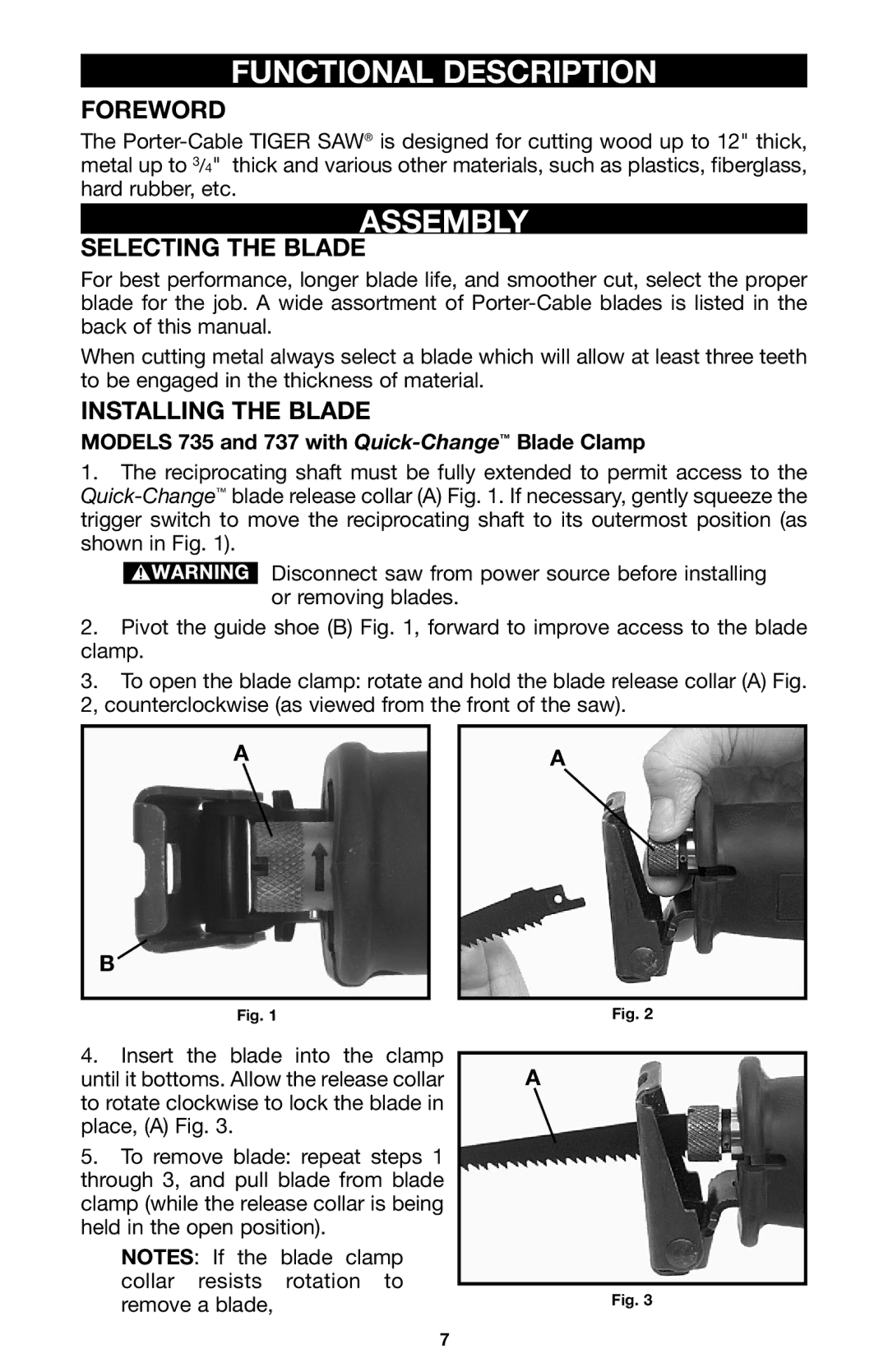 Porter-Cable 735 instruction manual Functional Description, Assembly, Foreword, Selecting the Blade, Installing the Blade 