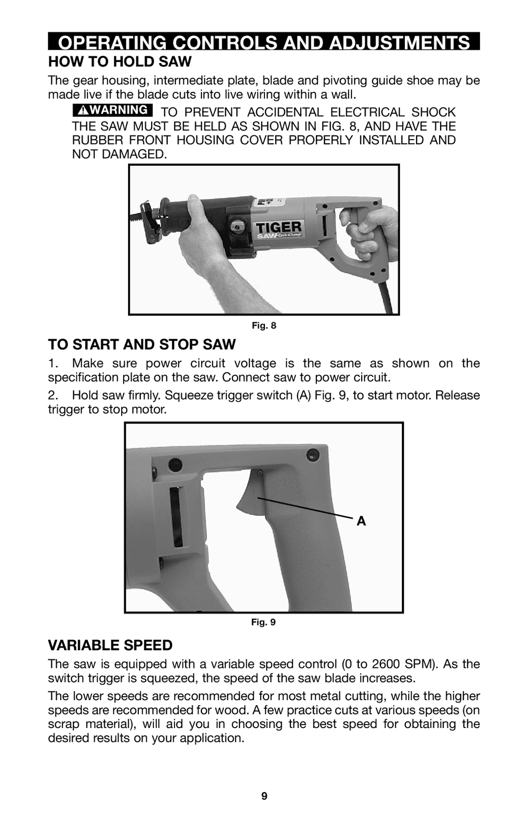 Porter-Cable 735 Operating Controls and Adjustments, HOW to Hold SAW, To Start and Stop SAW, Variable Speed 