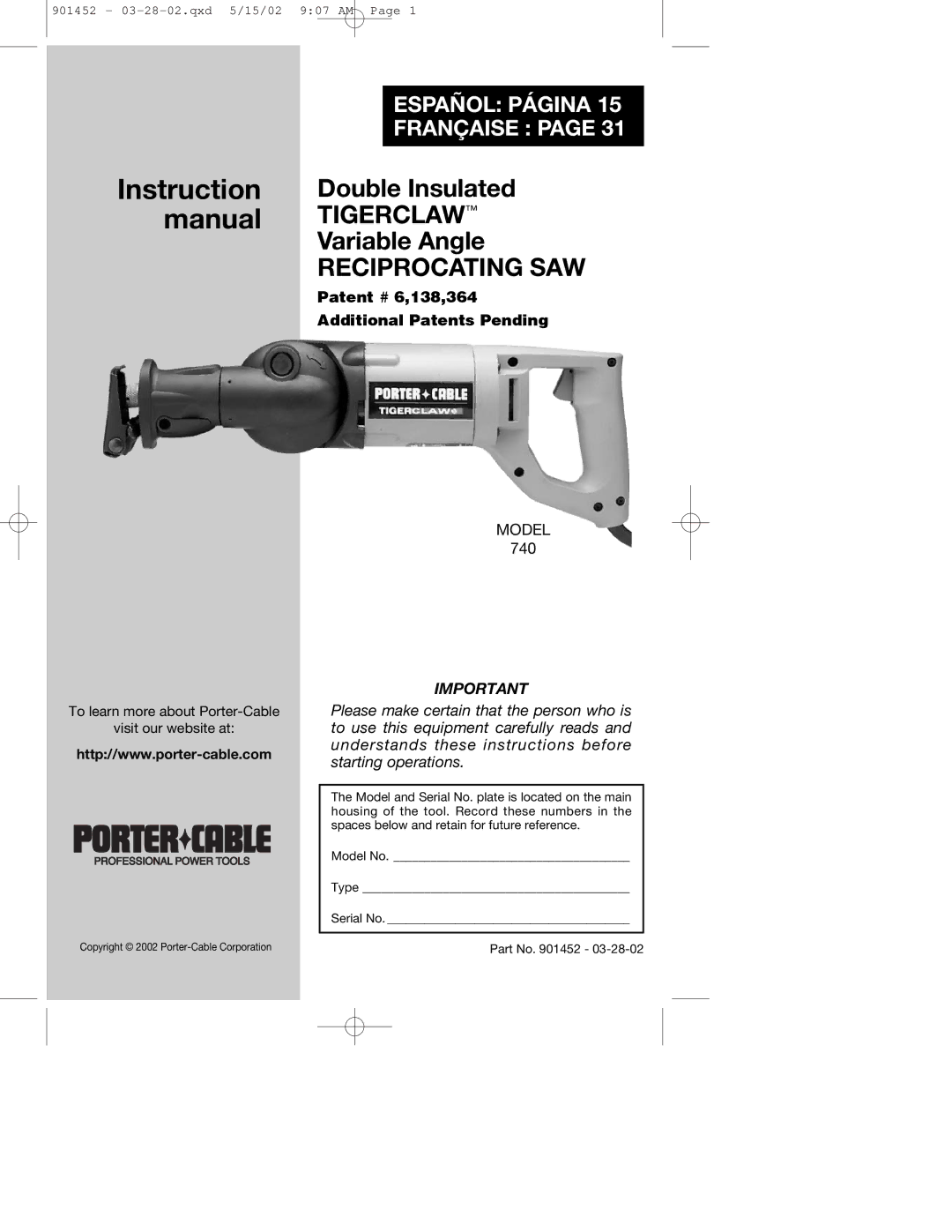 Porter-Cable 740 instruction manual Tigerclaw 