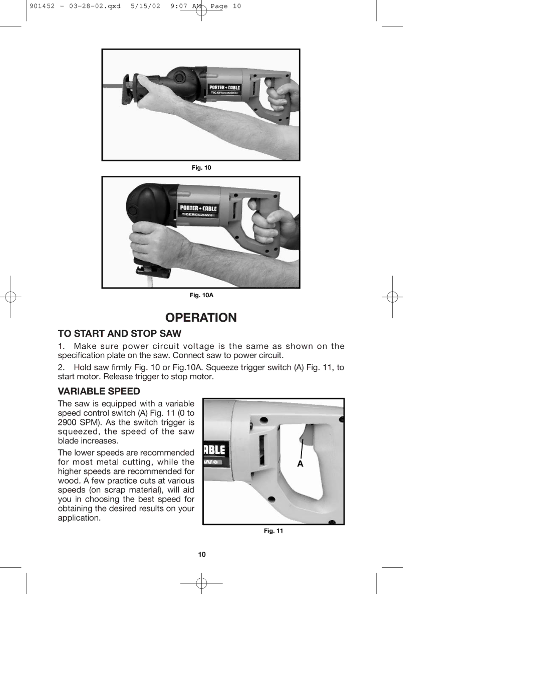 Porter-Cable 740 instruction manual Operation, To Start and Stop SAW, Variable Speed 