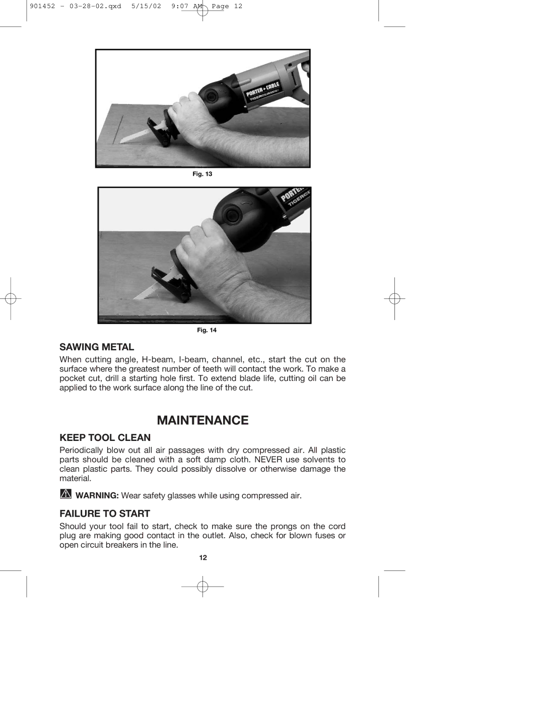 Porter-Cable 740 instruction manual Maintenance, Sawing Metal, Keep Tool Clean, Failure to Start 