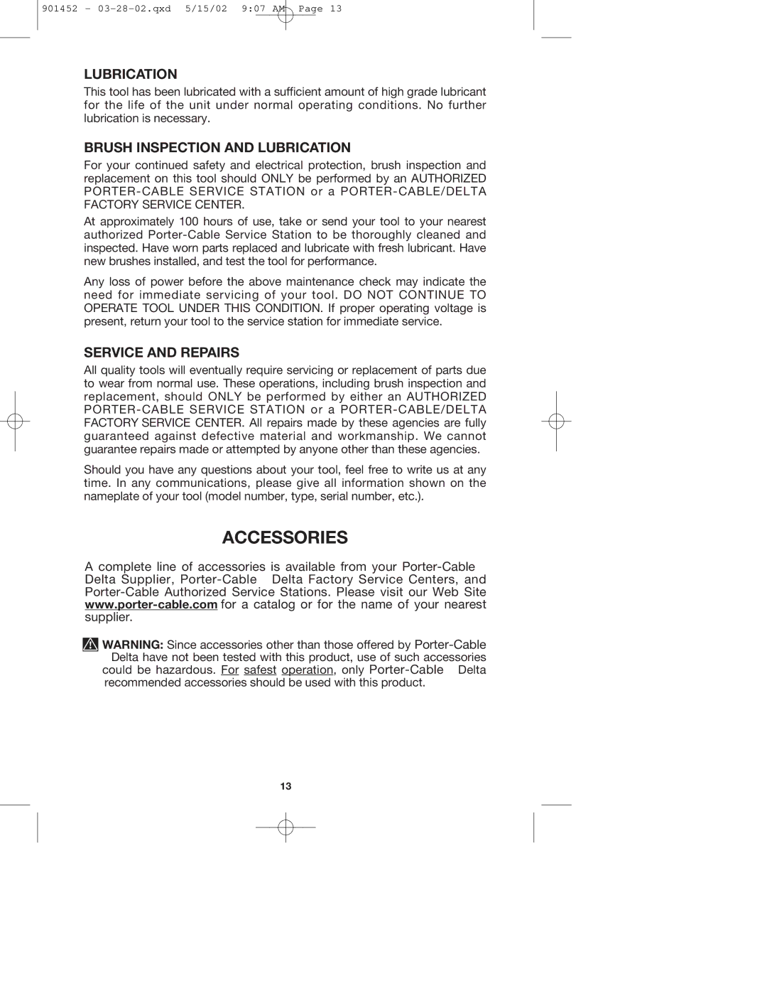 Porter-Cable 740 instruction manual Accessories, Brush Inspection and Lubrication, Service and Repairs 