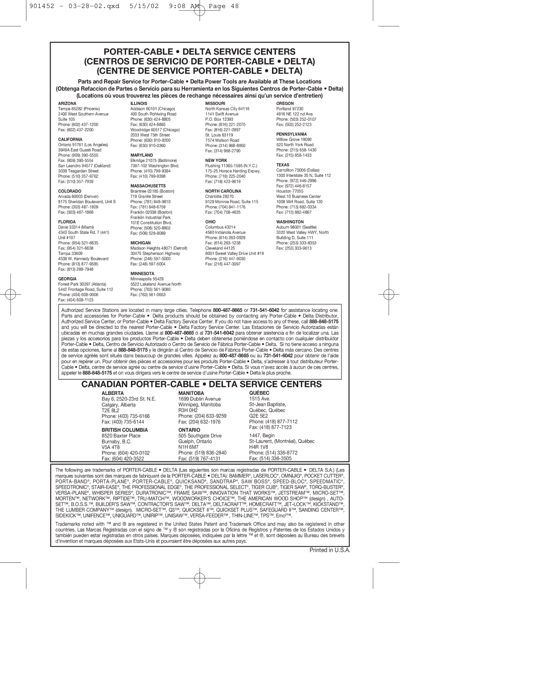 Porter-Cable 740 instruction manual Canadian PORTER-CABLE Delta Service Centers 