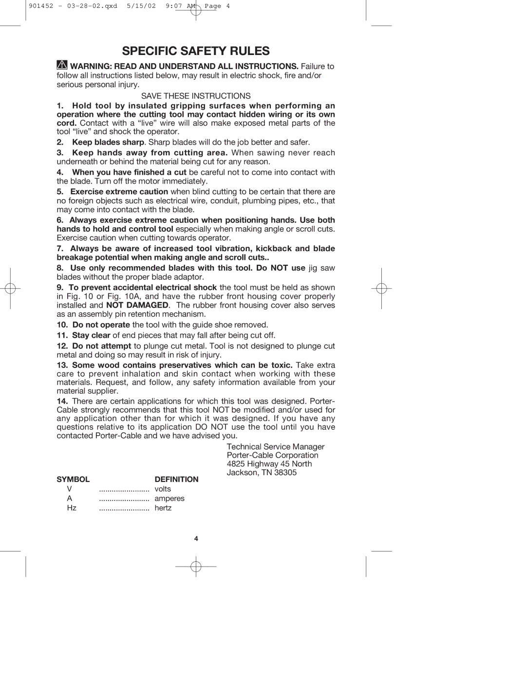 Porter-Cable 740 instruction manual Specific Safety Rules, Symbol Definition 