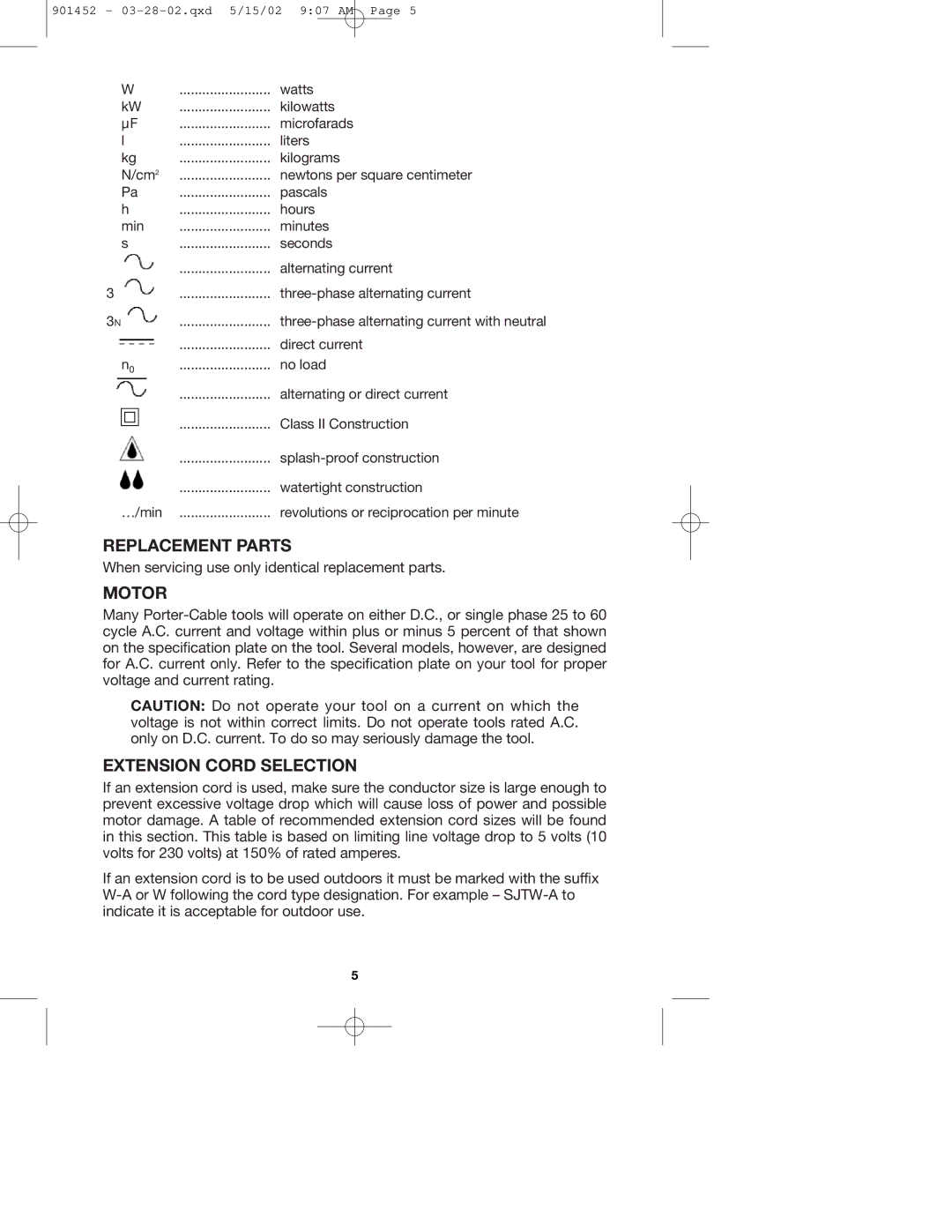 Porter-Cable 740 instruction manual Replacement Parts, Motor, Extension Cord Selection 