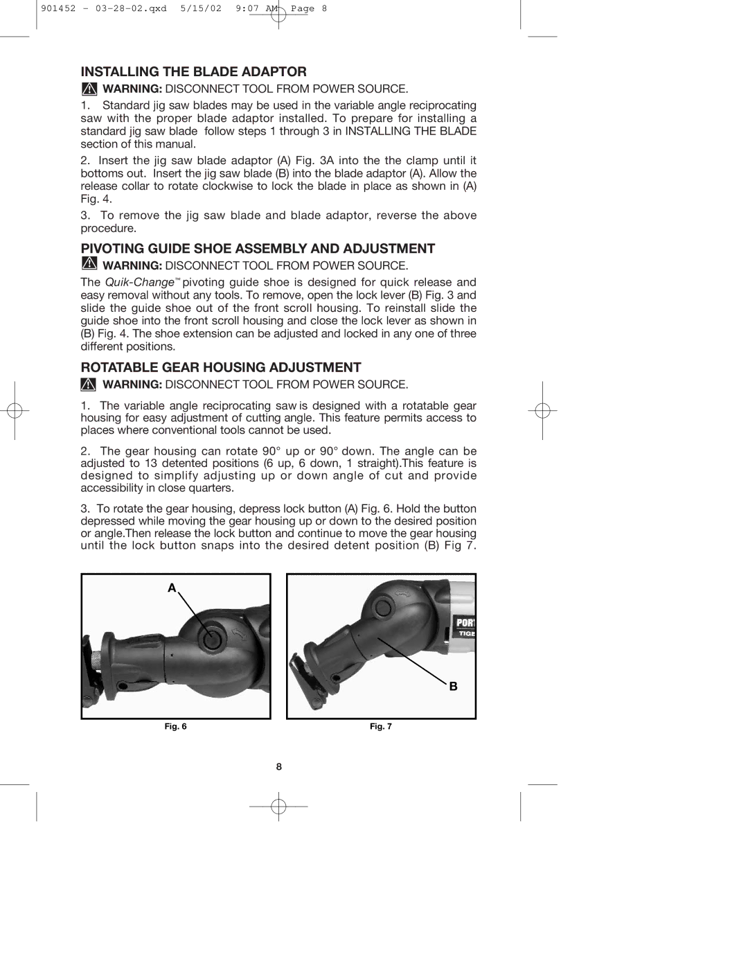 Porter-Cable 740 instruction manual Installing the Blade Adaptor, Pivoting Guide Shoe Assembly and Adjustment 