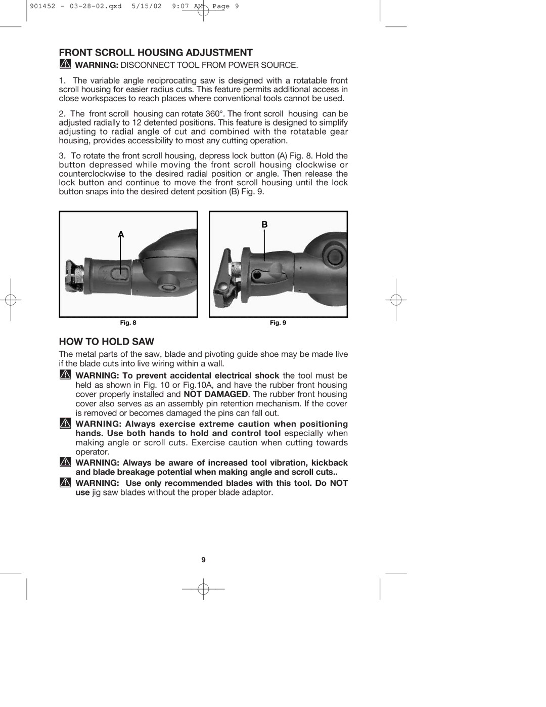 Porter-Cable 740 instruction manual Front Scroll Housing Adjustment, HOW to Hold SAW 