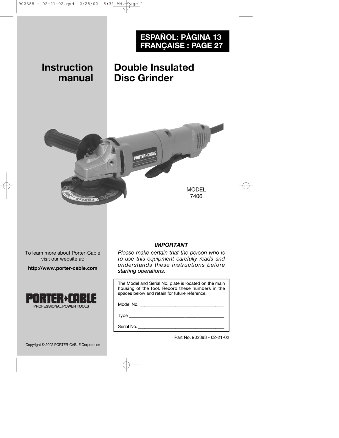 Porter-Cable 7406 instruction manual Instruction Double Insulated manual Disc Grinder 