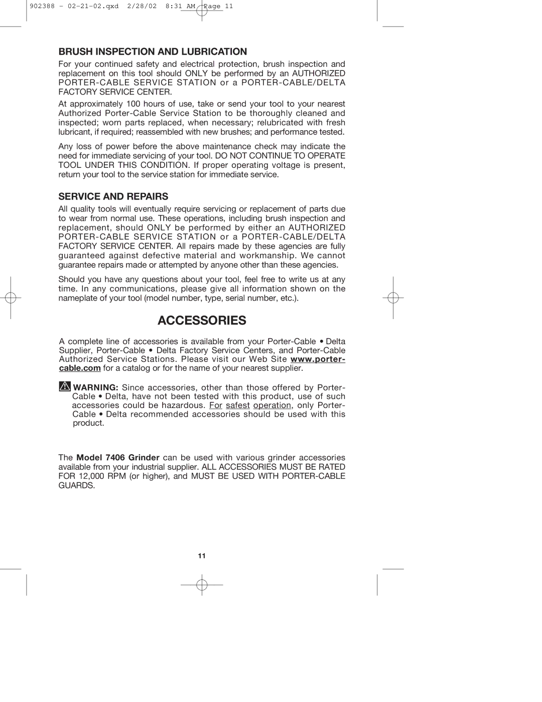 Porter-Cable 7406 instruction manual Accessories, Brush Inspection and Lubrication, Service and Repairs 