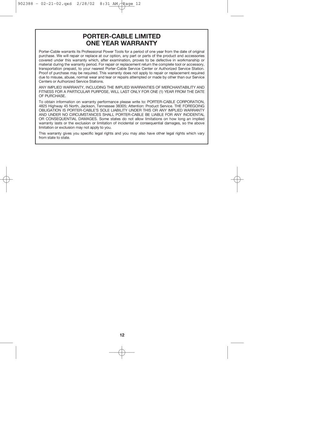 Porter-Cable 7406 instruction manual PORTER-CABLE Limited ONE Year Warranty 