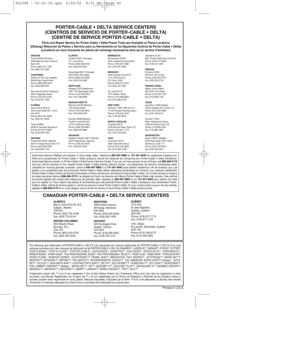 Porter-Cable 7406 instruction manual Canadian PORTER-CABLE Delta Service Centers 