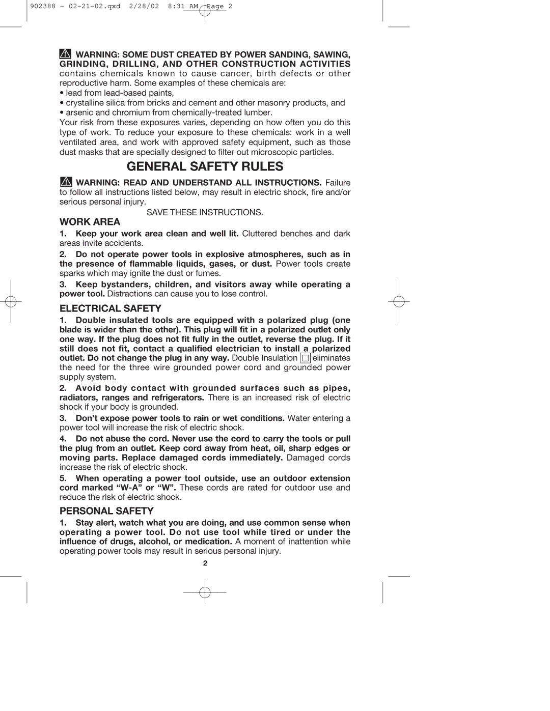 Porter-Cable 7406 instruction manual General Safety Rules, Work Area, Electrical Safety, Personal Safety 