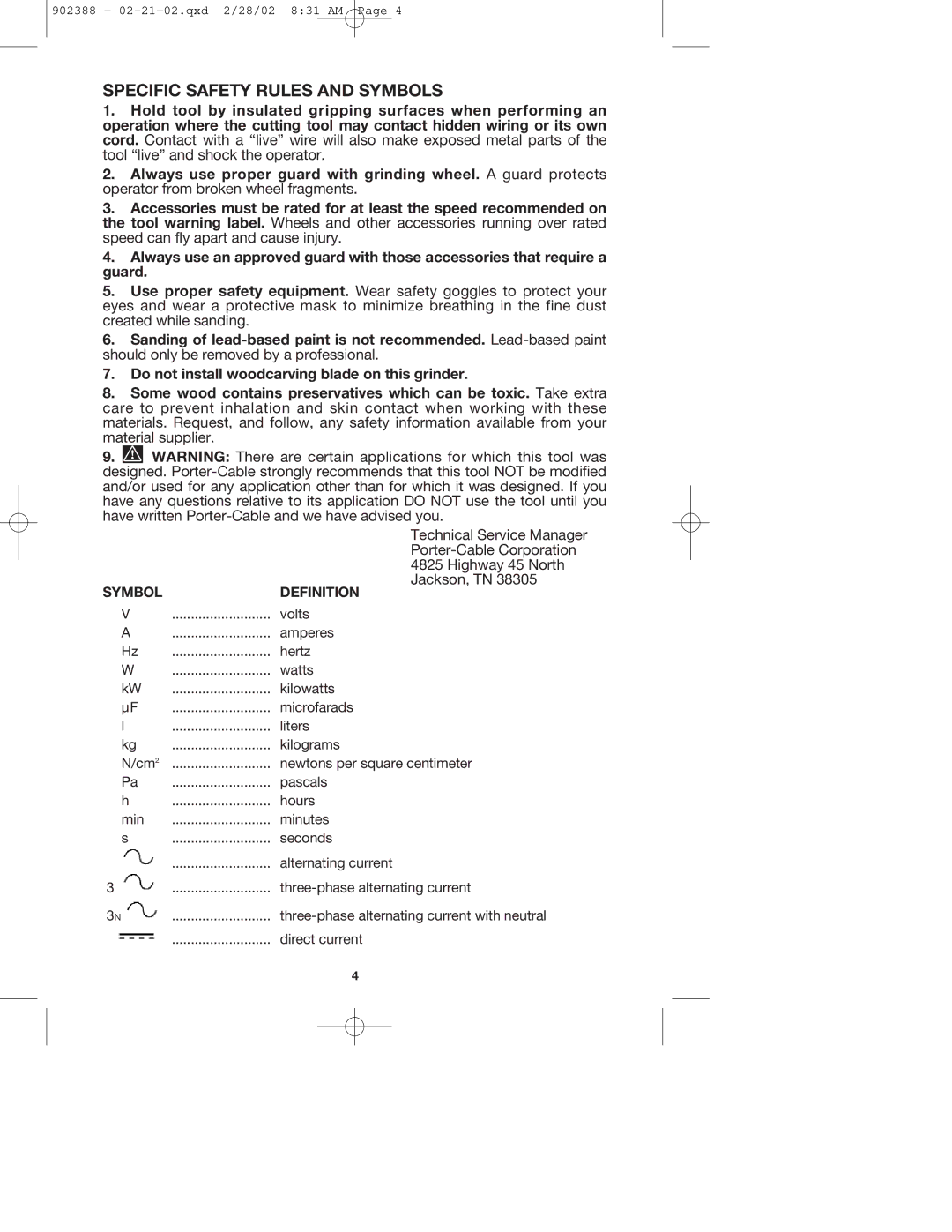 Porter-Cable 7406 instruction manual Specific Safety Rules and Symbols, Jackson, TN 