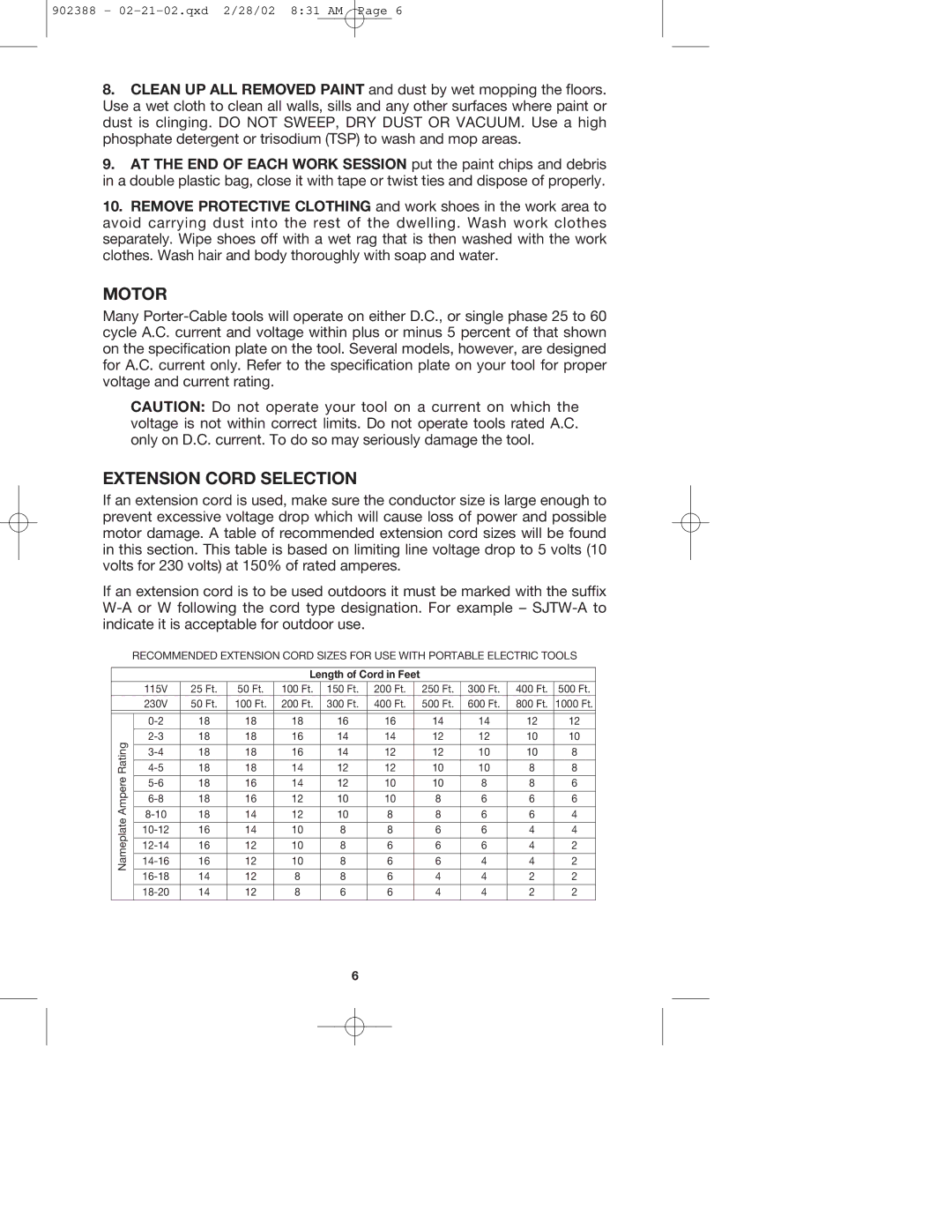 Porter-Cable 7406 instruction manual Motor, Extension Cord Selection 