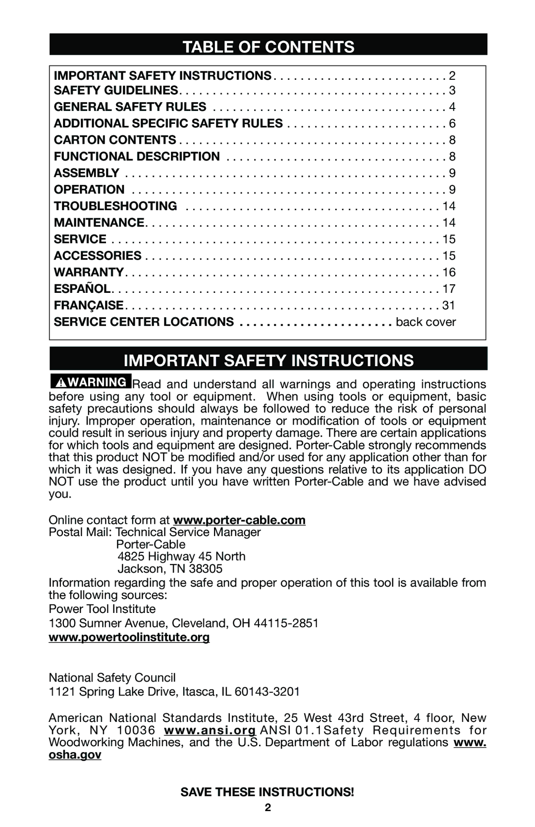 Porter-Cable 741 instruction manual Table of Contents, Important Safety Instructions 