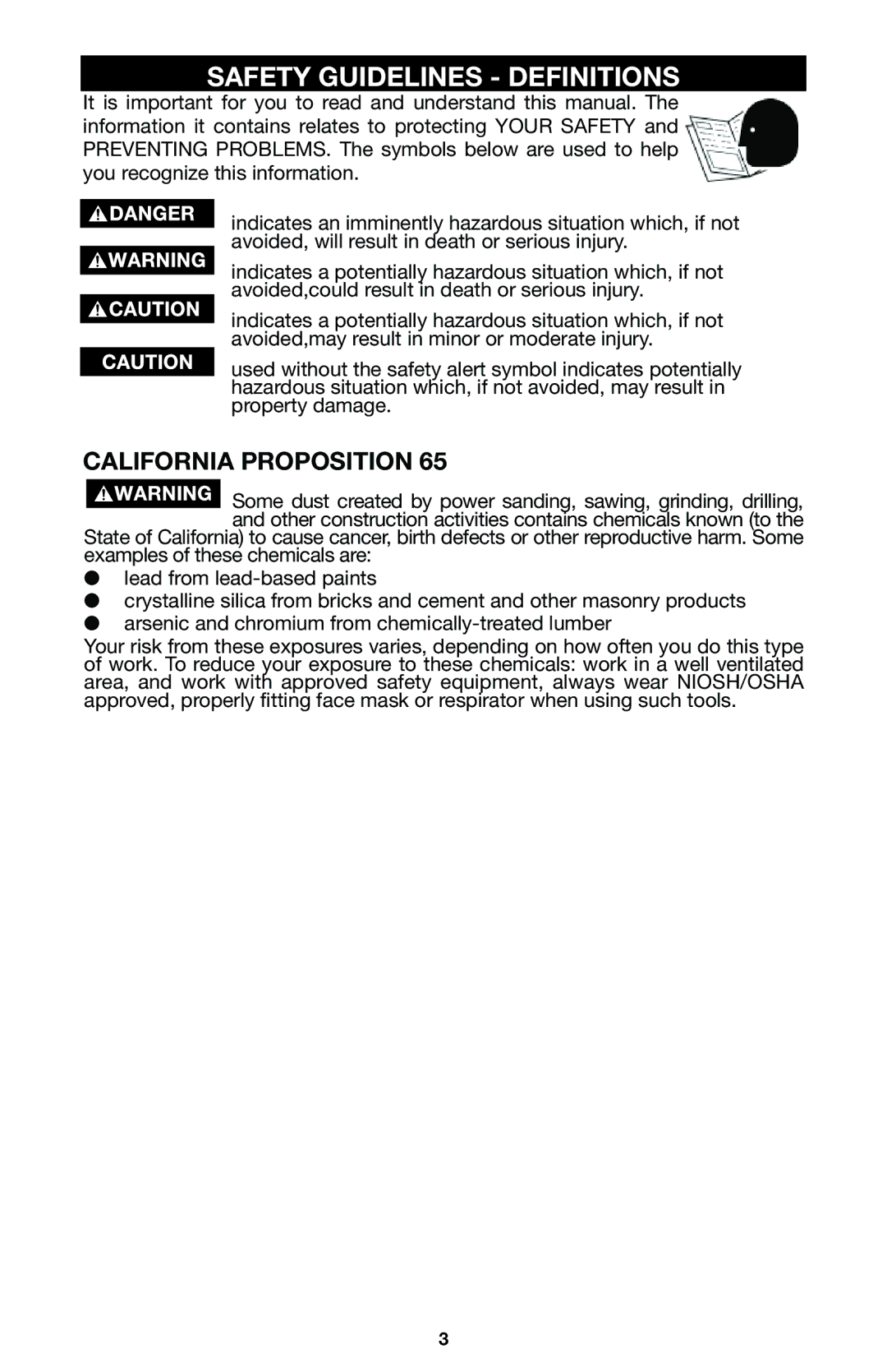 Porter-Cable 741 instruction manual Safety Guidelines Definitions, California Proposition 