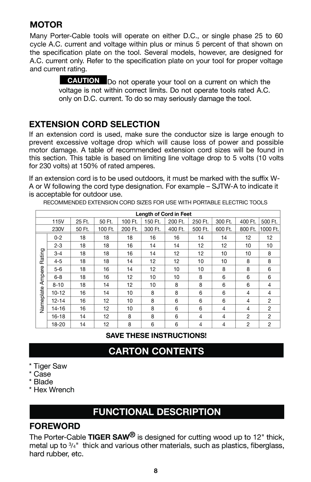 Porter-Cable 741 instruction manual Carton Contents, Functional Description, Motor, Extension Cord Selection, Foreword 