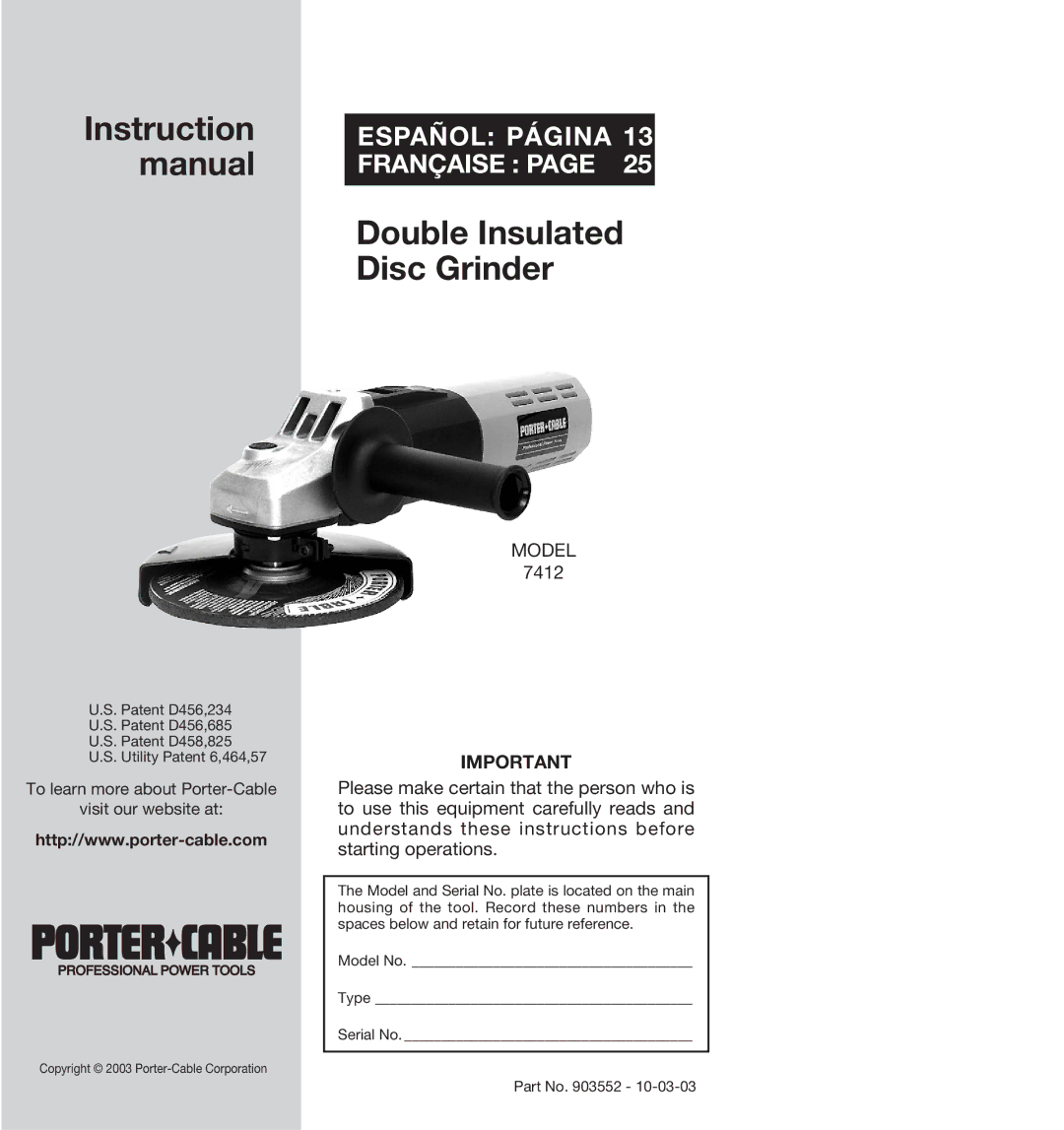 Porter-Cable 7412 instruction manual Instruction 