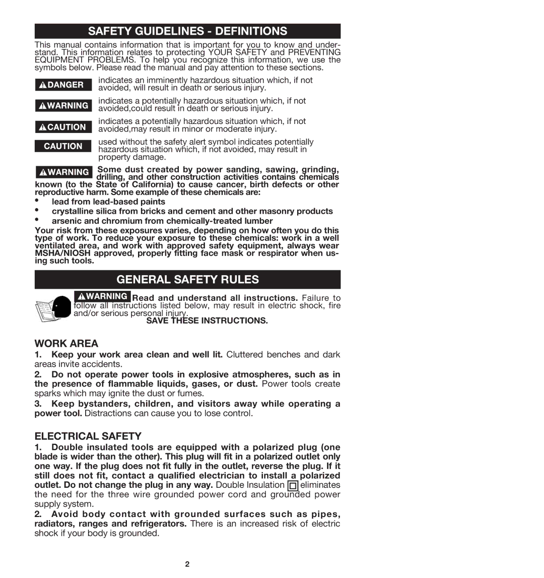 Porter-Cable 7412 instruction manual Safety Guidelines Definitions, General Safety Rules, Work Area, Electrical Safety 