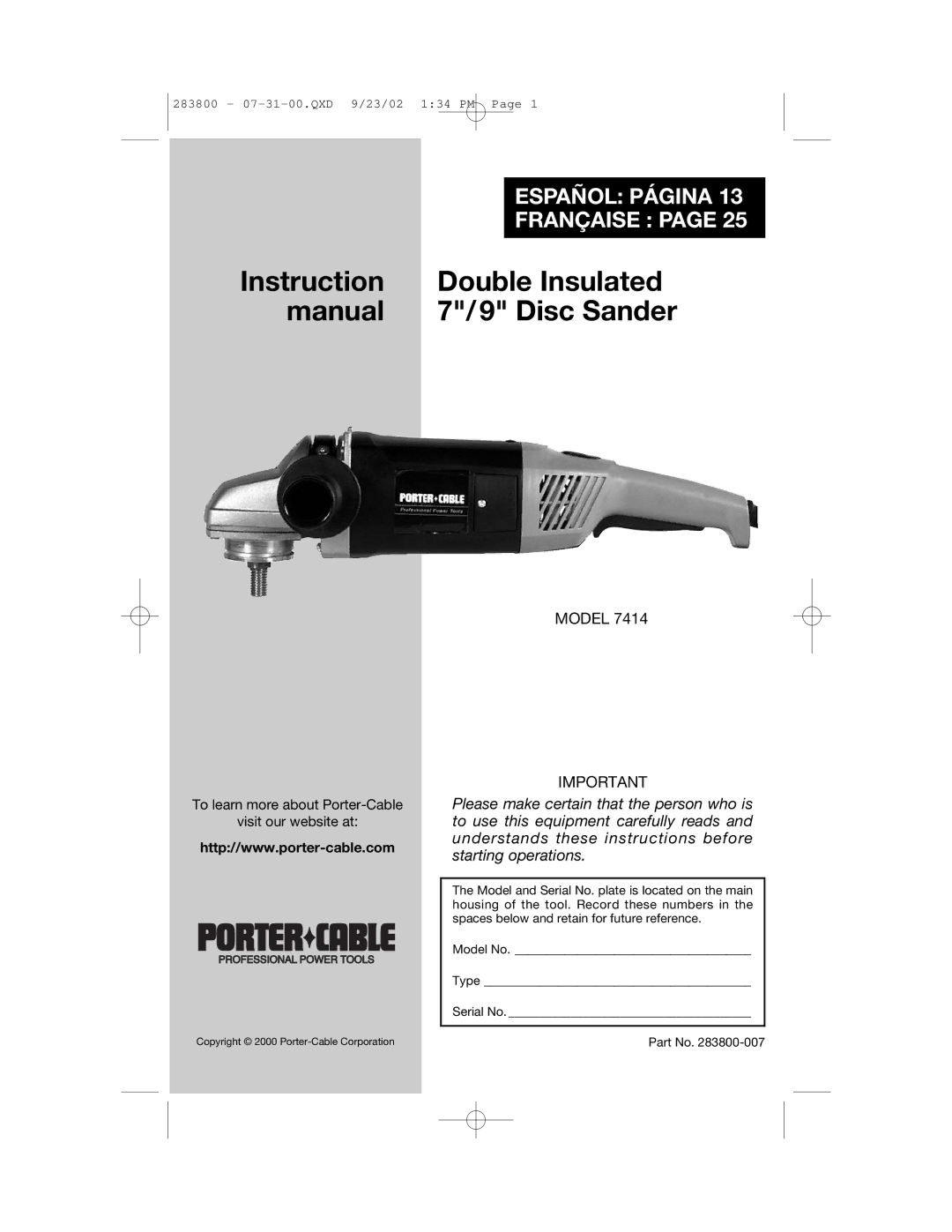 Porter-Cable 7414 instruction manual Double Insulated 