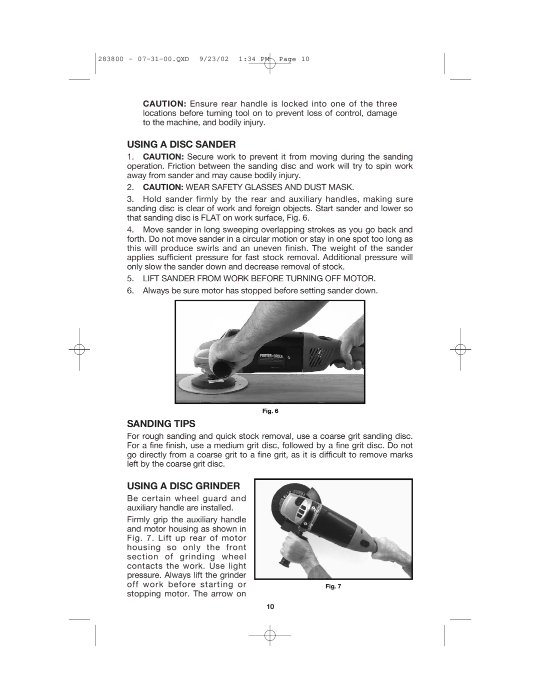 Porter-Cable 7414 instruction manual Using a Disc Sander, Sanding Tips, Using a Disc Grinder 