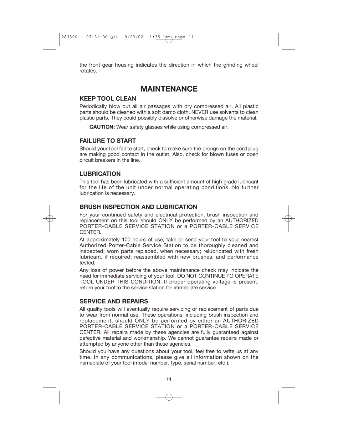 Porter-Cable 7414 instruction manual Maintenance 