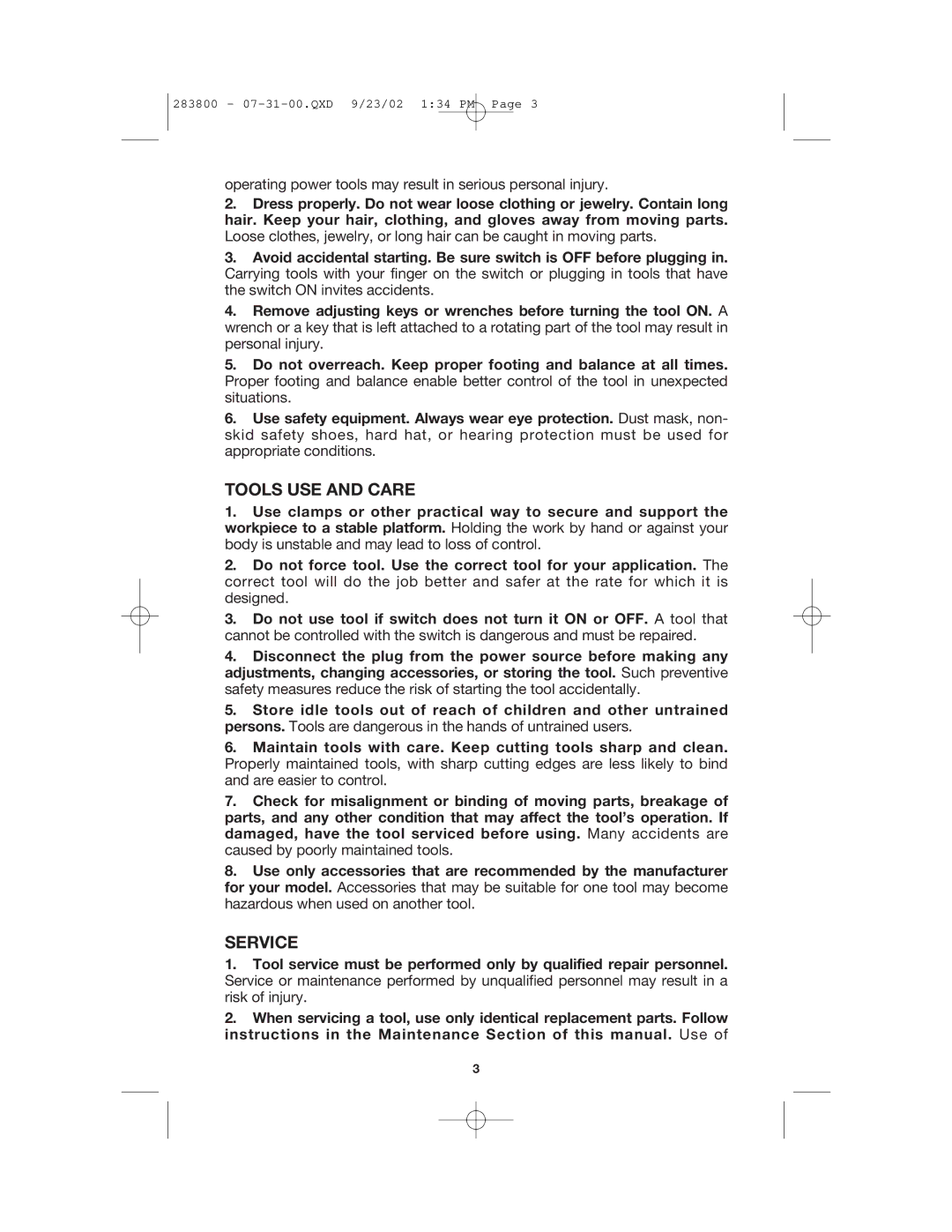 Porter-Cable 7414 instruction manual Tools USE and Care, Service 