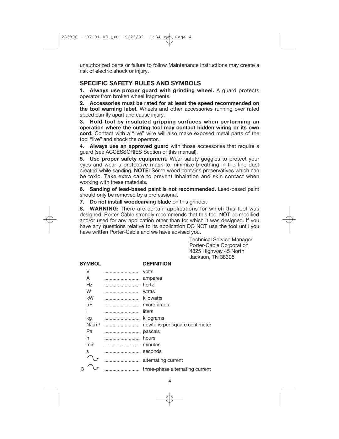 Porter-Cable 7414 instruction manual Specific Safety Rules and Symbols, Jackson, TN 