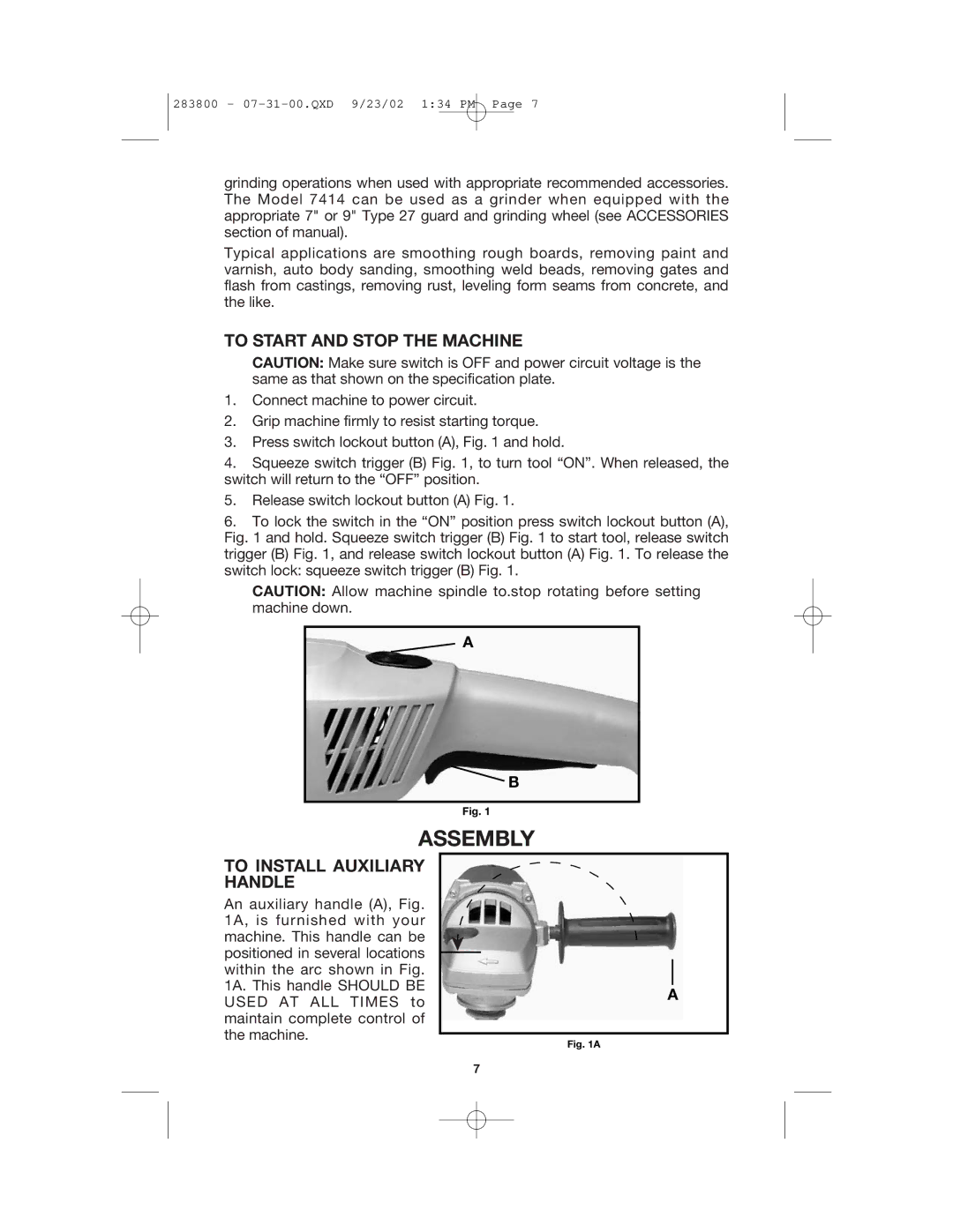 Porter-Cable 7414 instruction manual Assembly, To Start and Stop the Machine, To Install Auxiliary Handle 