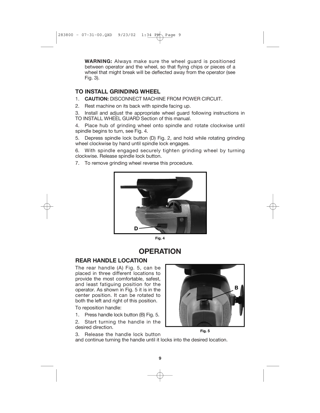 Porter-Cable 7414 instruction manual Operation, To Install Grinding Wheel, Rear Handle Location 