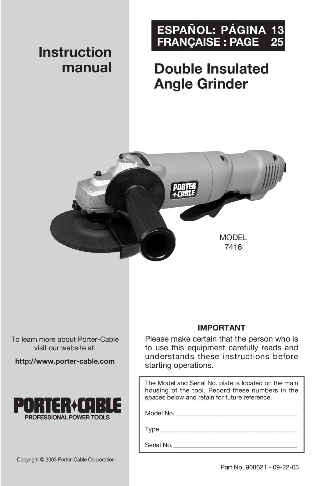 Porter-Cable 7416 instruction manual Instruction Manual Double Insulated Angle Grinder 