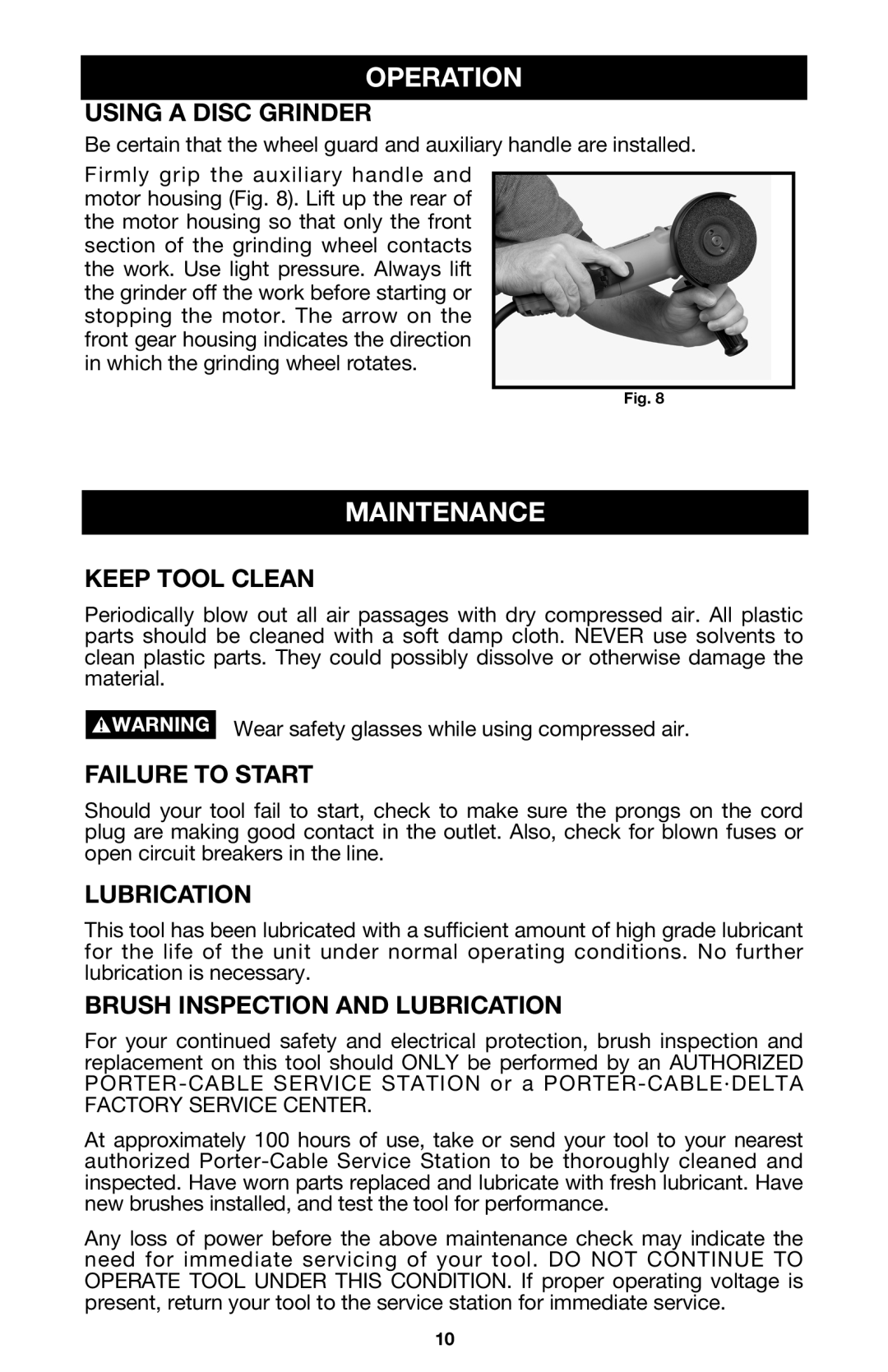 Porter-Cable 7416 instruction manual Operation, Maintenance 