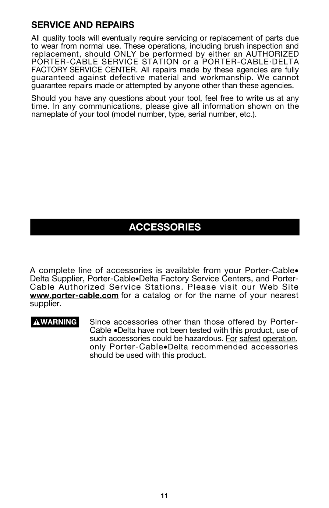 Porter-Cable 7416 instruction manual Accessories, Service and Repairs 