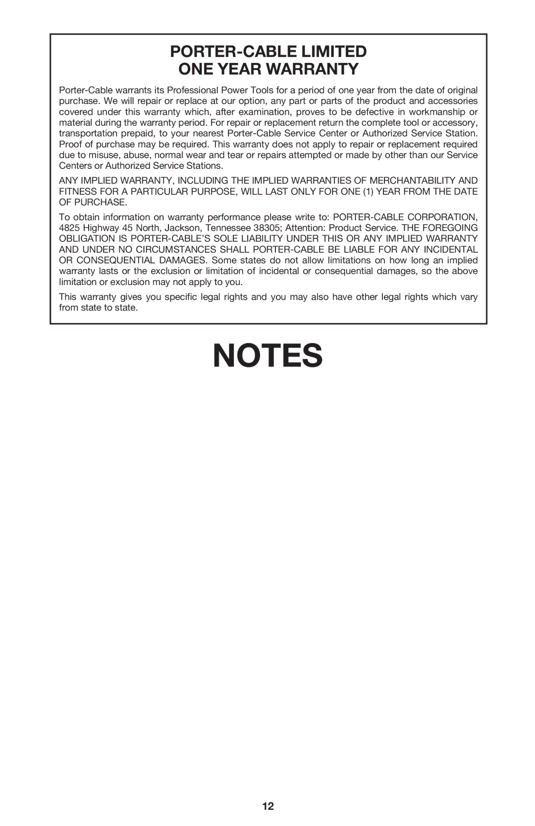 Porter-Cable 7416 instruction manual PORTER-CABLE Limited ONE Year Warranty 