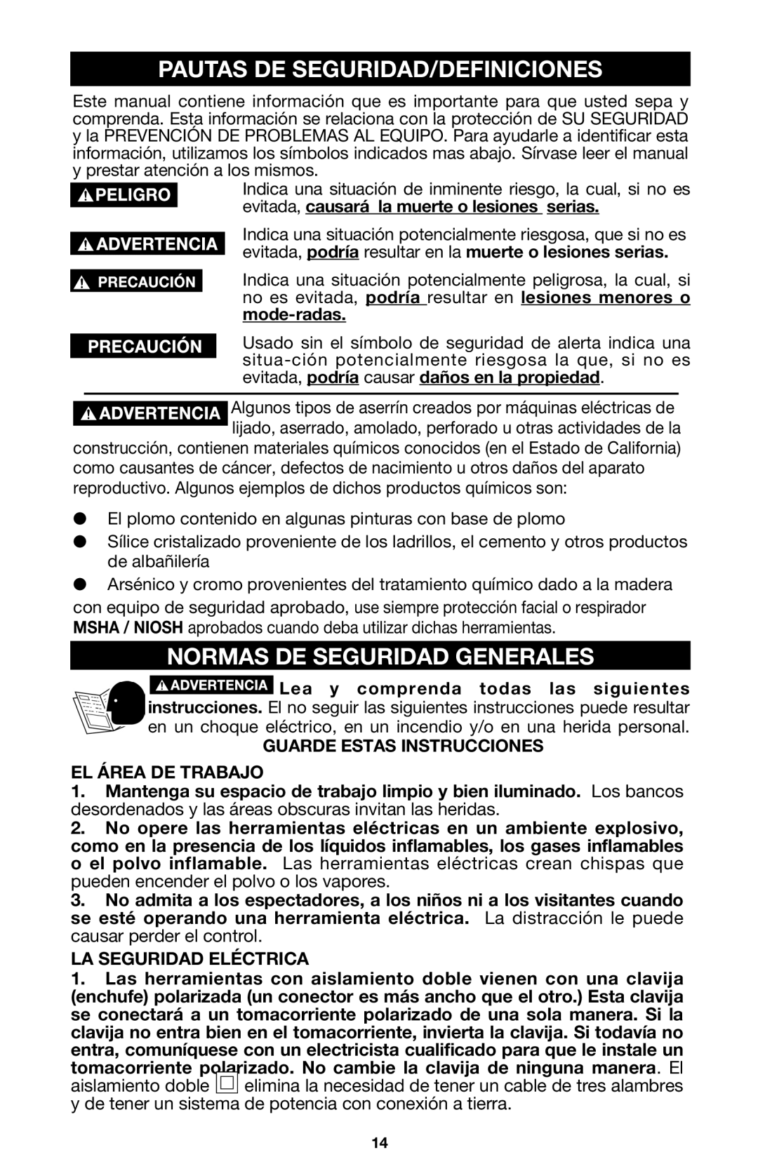 Porter-Cable 7416 Pautas DE SEGURIDAD/DEFINICIONES, Normas DE Seguridad Generales, LA Seguridad Eléctrica 