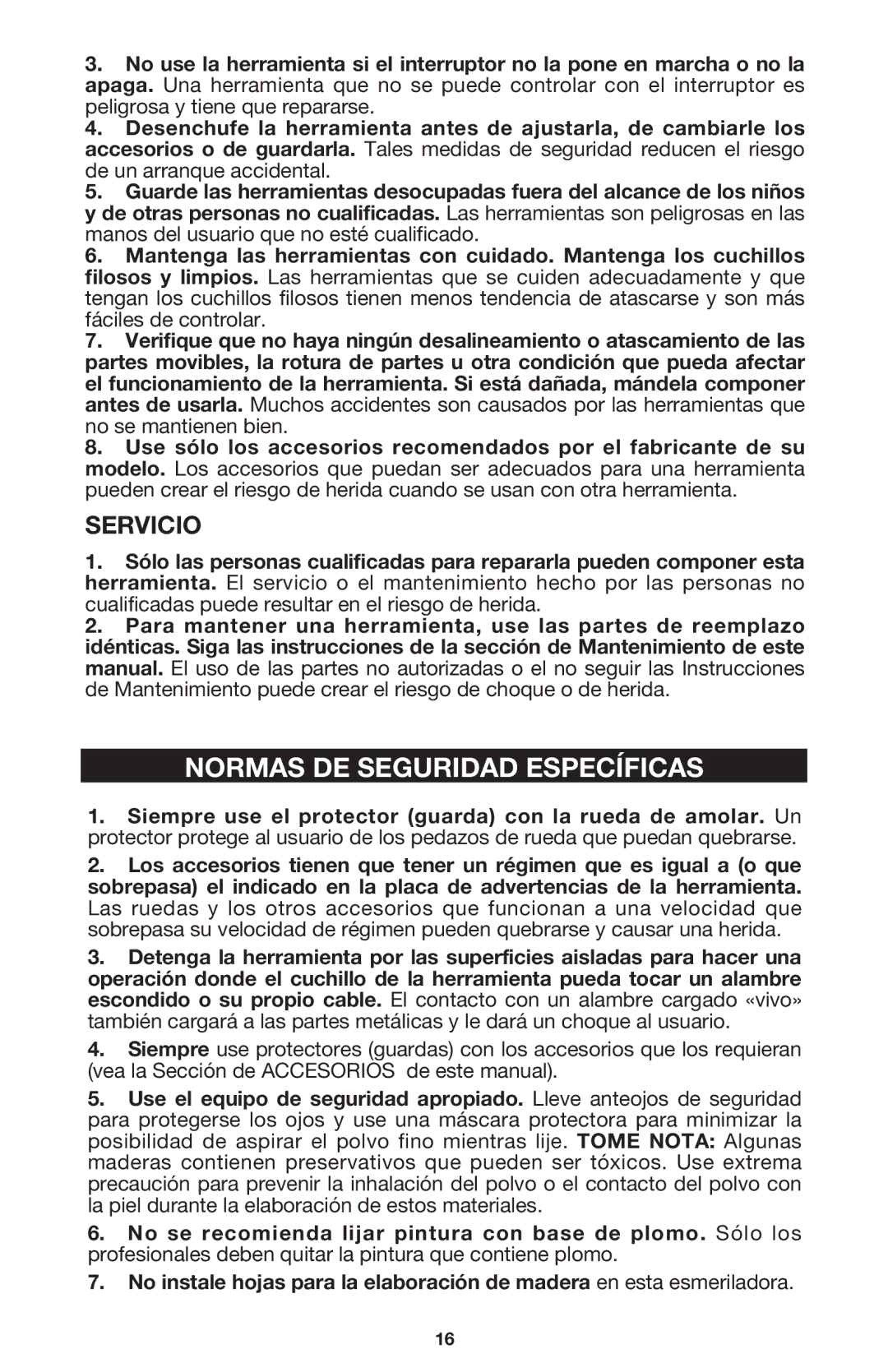 Porter-Cable 7416 instruction manual Normas DE Seguridad Específicas, Servicio 